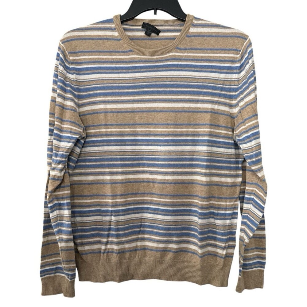 Saks Fifth Avenue Sweater Mens Small Blue Tan Striped Cotton Made in Italy